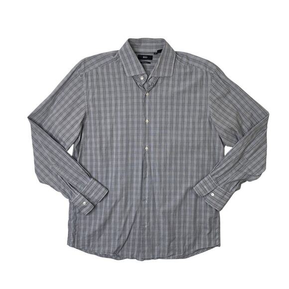 Hugo Boss Shirt Mens 41 Grey Regular Fit Check Button Up Long Sleeve Dress - Picture 1 of 7